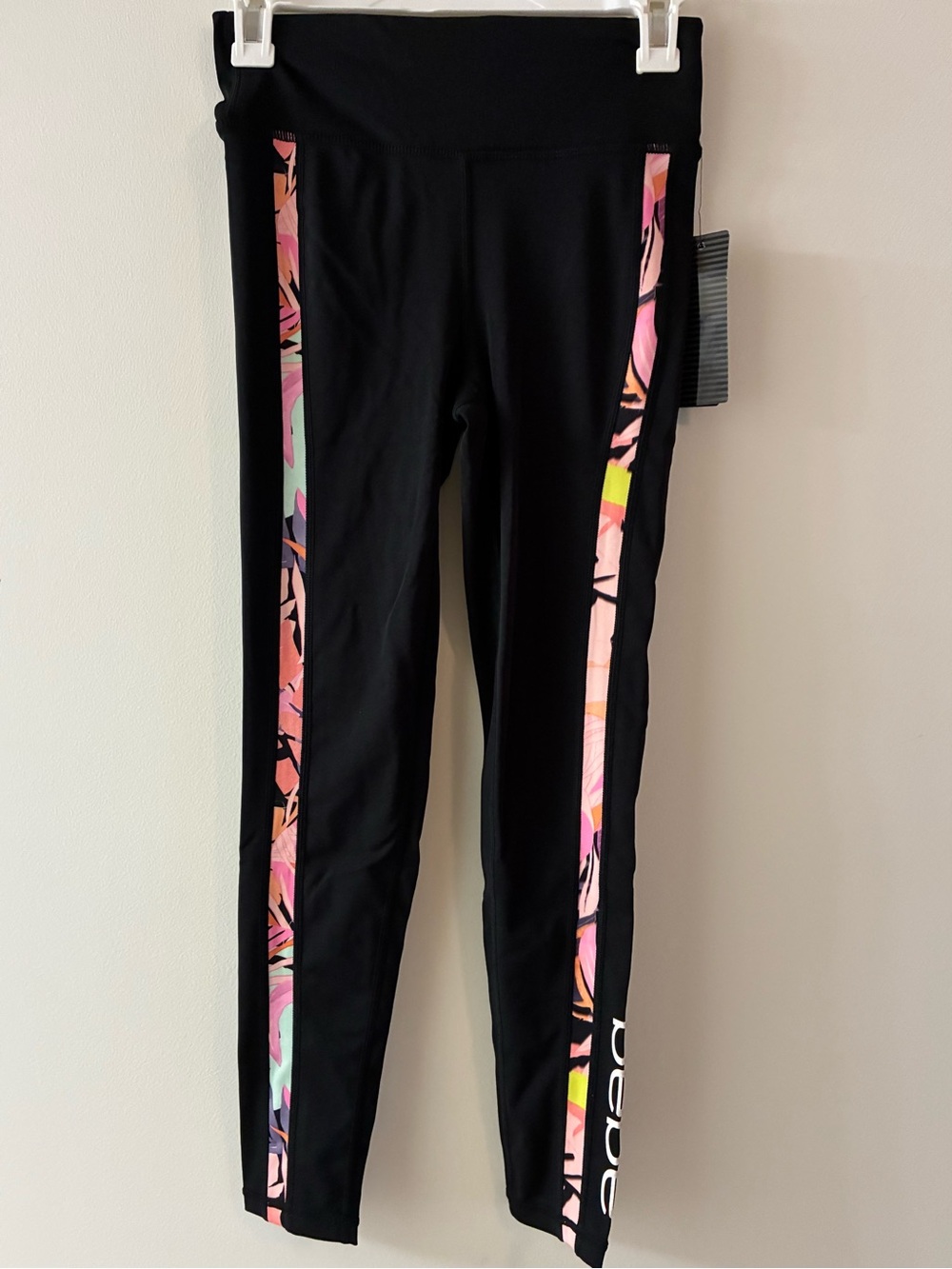 bebe sport Black Leggings with Pink and Pastel Side Panels